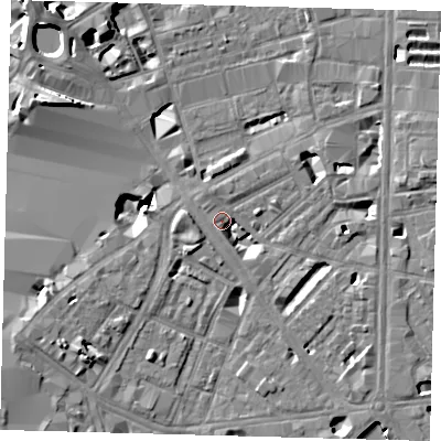 Shaded relief map of the ground around SE18UR, computed from Environment Agency LiDAR. The ground here sits at about 3 m above sea level and falls 12 m across the surrounding 800 m. Surface water reaching this point runs off ground lying to the south-east, 5.2 m higher.