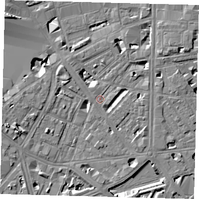 Shaded relief map of the ground around SE18UX, computed from Environment Agency LiDAR. The ground here sits at about 3 m above sea level and falls 12 m across the surrounding 800 m. Surface water reaching this point runs off ground lying to the south-east, 4.6 m higher.