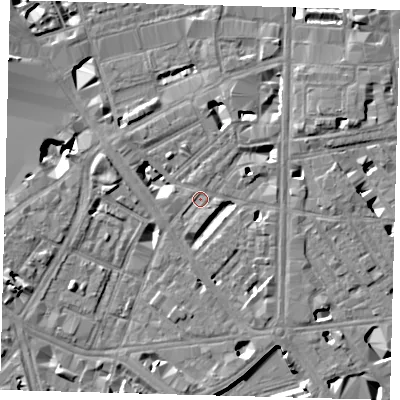 Shaded relief map of the ground around SE18UY, computed from Environment Agency LiDAR. The ground here sits at about 3 m above sea level and falls 9 m across the surrounding 800 m. Surface water reaching this point runs off ground lying to the south-south-east, 4.6 m higher.