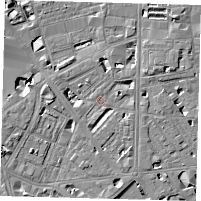 Shaded relief map of the ground around SE18UZ, computed from Environment Agency LiDAR. The ground here sits at about 3 m above sea level and falls 9 m across the surrounding 800 m. Surface water reaching this point runs off ground lying to the south-south-east, 4.6 m higher.