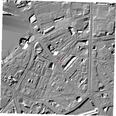 Shaded relief map of the ground around SE18XA, computed from Environment Agency LiDAR. The ground here sits at about 4 m above sea level and falls 12 m across the surrounding 800 m. Surface water reaching this point runs off ground lying to the south-east, 4.6 m higher.