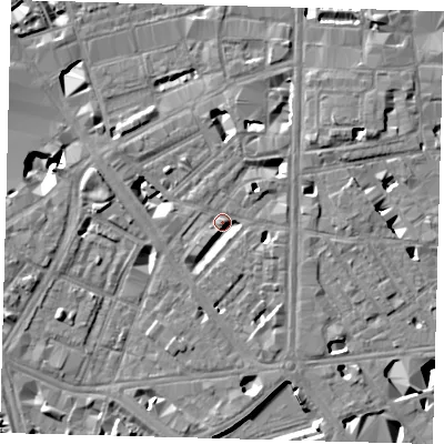 Shaded relief map of the ground around SE18XB, computed from Environment Agency LiDAR. The ground here sits at about 4 m above sea level and falls 10 m across the surrounding 800 m. Surface water reaching this point runs off ground lying to the south-south-east, 4.6 m higher.