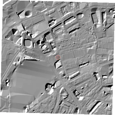 Shaded relief map of the ground around SE18XE, computed from Environment Agency LiDAR. The ground here sits at about 3 m above sea level and falls 13 m across the surrounding 800 m. Surface water reaching this point runs off ground lying to the west-north-west, 4.0 m higher.