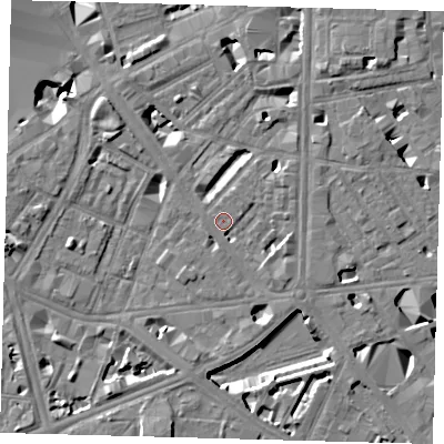 Shaded relief map of the ground around SE18XQ, computed from Environment Agency LiDAR. The ground here sits at about 4 m above sea level and falls 8 m across the surrounding 800 m. Surface water reaching this point runs off ground lying to the east-south-east, 2.5 m higher.