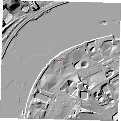 Shaded relief map of the ground around SE18XT, computed from Environment Agency LiDAR. The ground here sits at about 5 m above sea level and falls 18 m across the surrounding 800 m. Surface water reaching this point runs off ground lying to the south-south-west, 5.4 m higher.