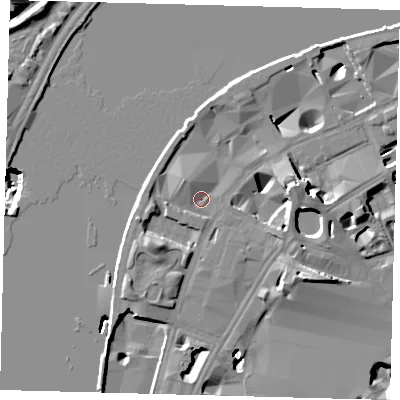 Shaded relief map of the ground around SE18XU, computed from Environment Agency LiDAR. The ground here sits at about 4 m above sea level and falls 23 m across the surrounding 800 m. Surface water reaching this point runs off ground lying to the north-west, 4.2 m higher.