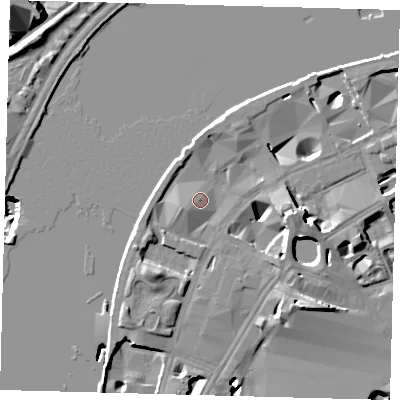 Shaded relief map of the ground around SE18XX, computed from Environment Agency LiDAR. The ground here sits at about 5 m above sea level and falls 23 m across the surrounding 800 m. Surface water reaching this point runs off ground lying to the south-west, 4.4 m higher.