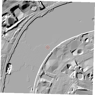 Shaded relief map of the ground around SE18XZ, computed from Environment Agency LiDAR. The ground here sits at about 3 m above sea level and falls 28 m across the surrounding 800 m. Surface water reaching this point runs off ground lying to the east, 2.2 m higher.