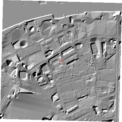 Shaded relief map of the ground around SE18YE, computed from Environment Agency LiDAR. The ground here sits at about 3 m above sea level and falls 13 m across the surrounding 800 m. Surface water reaching this point runs off ground lying to the west-south-west, 5.1 m higher.