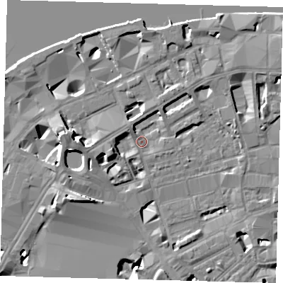 Shaded relief map of the ground around SE18YF, computed from Environment Agency LiDAR. The ground here sits at about 3 m above sea level and falls 13 m across the surrounding 800 m. Surface water reaching this point runs off ground lying to the west, 4.9 m higher.