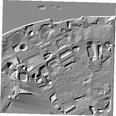 Shaded relief map of the ground around SE18YG, computed from Environment Agency LiDAR. The ground here sits at about 5 m above sea level and falls 13 m across the surrounding 800 m. Surface water reaching this point runs off ground lying to the west-south-west, 5.1 m higher.