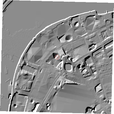 Shaded relief map of the ground around SE18YS, computed from Environment Agency LiDAR. The ground here sits at about 3 m above sea level and falls 13 m across the surrounding 800 m. Surface water reaching this point runs off ground lying to the east, 11.8 m higher.