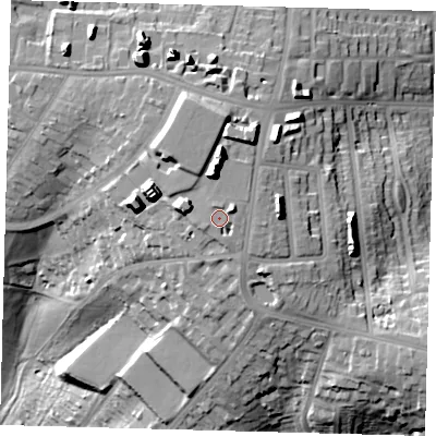 Shaded relief map of the ground around SE193HL, computed from Environment Agency LiDAR. The ground here sits at about 97 m above sea level and falls 58 m across the surrounding 800 m. Surface water reaching this point runs off ground lying to the east-north-east, 2.7 m higher.
