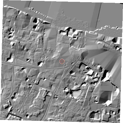 Shaded relief map of the ground around SE19AA, computed from Environment Agency LiDAR. The ground here sits at about 5 m above sea level and falls 10 m across the surrounding 800 m. Surface water reaching this point runs off ground lying to the north-north-west, 0.8 m higher.