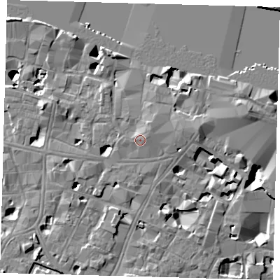 Shaded relief map of the ground around SE19AB, computed from Environment Agency LiDAR. The ground here sits at about 5 m above sea level and falls 14 m across the surrounding 800 m. Surface water reaching this point runs off ground lying to the north-east, 1.2 m higher.