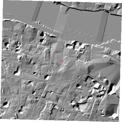 Shaded relief map of the ground around SE19AD, computed from Environment Agency LiDAR. The ground here sits at about 4 m above sea level and falls 14 m across the surrounding 800 m. Surface water reaching this point runs off ground lying to the south-east, 1.7 m higher.