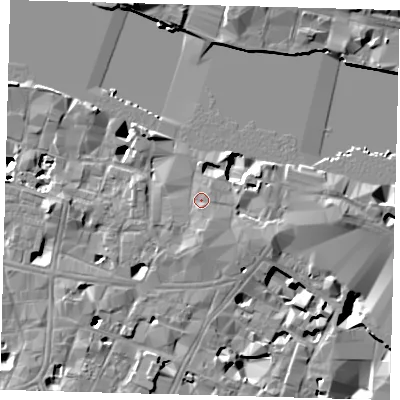 Shaded relief map of the ground around SE19AG, computed from Environment Agency LiDAR. The ground here sits at about 4 m above sea level and falls 16 m across the surrounding 800 m. Surface water reaching this point runs off ground lying to the south-south-east, 1.3 m higher.