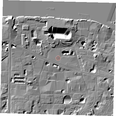 Shaded relief map of the ground around SE19AN, computed from Environment Agency LiDAR. The ground here sits at about 3 m above sea level and falls 16 m across the surrounding 800 m. Surface water reaching this point runs off ground lying to the north, 13.8 m higher.