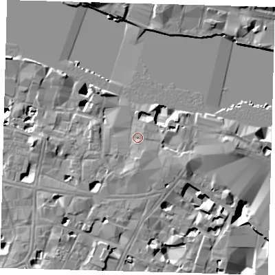 Shaded relief map of the ground around SE19AP, computed from Environment Agency LiDAR. The ground here sits at about 5 m above sea level and falls 16 m across the surrounding 800 m. Surface water reaching this point runs off ground lying to the south-south-east, 1.3 m higher.