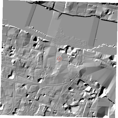 Shaded relief map of the ground around SE19AQ, computed from Environment Agency LiDAR. The ground here sits at about 5 m above sea level and falls 17 m across the surrounding 800 m. Surface water reaching this point runs off ground lying to the south-south-east, 1.2 m higher.