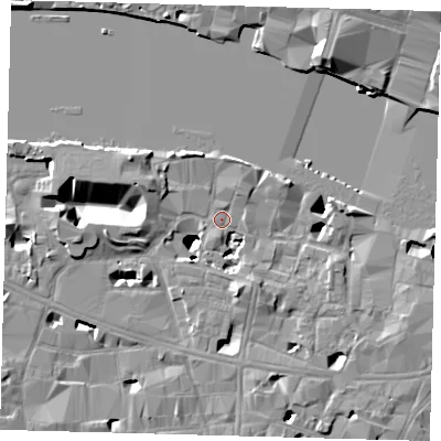 Shaded relief map of the ground around SE19AR, computed from Environment Agency LiDAR. The ground here sits at about 3 m above sea level and falls 17 m across the surrounding 800 m. Surface water reaching this point runs off ground lying to the west-north-west, 2.5 m higher.
