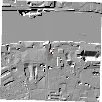 Shaded relief map of the ground around SE19AY, computed from Environment Agency LiDAR. The ground here sits at about 5 m above sea level and falls 41 m across the surrounding 800 m. Surface water reaching this point runs off ground lying to the north-north-west, 6.3 m higher.