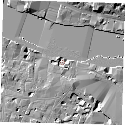 Shaded relief map of the ground around SE19BB, computed from Environment Agency LiDAR. The ground here sits at about 1 m above sea level and falls 18 m across the surrounding 800 m. Surface water reaching this point runs off ground lying to the south, 6.4 m higher.