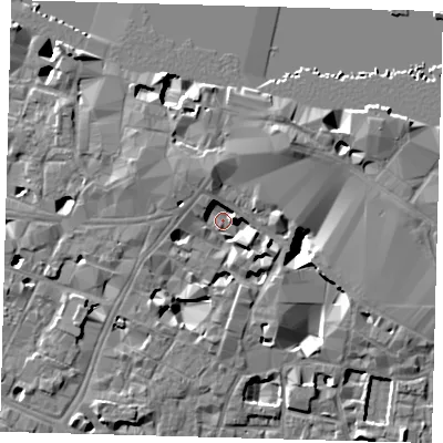 Shaded relief map of the ground around SE19BF, computed from Environment Agency LiDAR. The ground here sits at about 1 m above sea level and falls 10 m across the surrounding 800 m. Surface water reaching this point runs off ground lying to the north-north-west, 5.0 m higher.