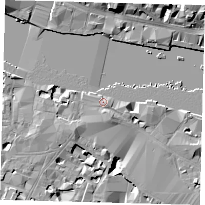 Shaded relief map of the ground around SE19BG, computed from Environment Agency LiDAR. The ground here sits at about 5 m above sea level and falls 18 m across the surrounding 800 m. Surface water reaching this point runs off ground lying to the south, 1.3 m higher.