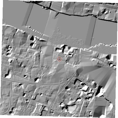 Shaded relief map of the ground around SE19BH, computed from Environment Agency LiDAR. The ground here sits at about 5 m above sea level and falls 12 m across the surrounding 800 m. Surface water reaching this point runs off ground lying to the south, 1.1 m higher.