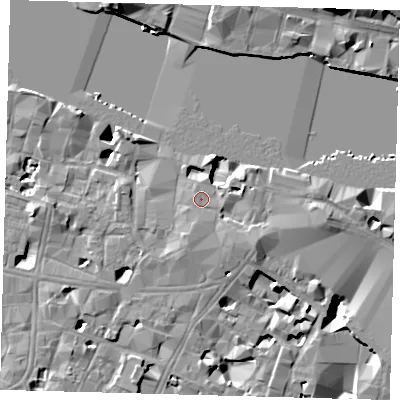 Shaded relief map of the ground around SE19BN, computed from Environment Agency LiDAR. The ground here sits at about 5 m above sea level and falls 14 m across the surrounding 800 m. Surface water reaching this point runs off ground lying to the south-south-west, 1.1 m higher.