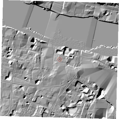 Shaded relief map of the ground around SE19BP, computed from Environment Agency LiDAR. The ground here sits at about 5 m above sea level and falls 16 m across the surrounding 800 m. Surface water reaching this point runs off ground lying to the south, 1.0 m higher.