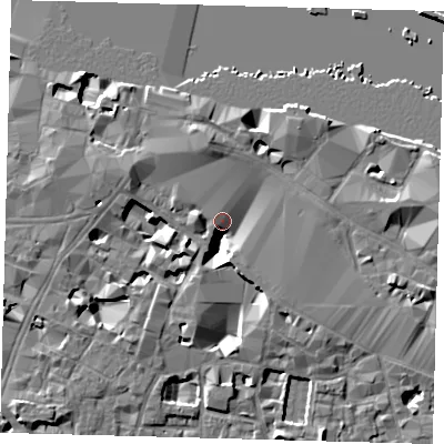 Shaded relief map of the ground around SE19BZ, computed from Environment Agency LiDAR. The ground here sits at about 4 m above sea level and falls 10 m across the surrounding 800 m. Surface water reaching this point runs off ground lying to the west-north-west, 10.0 m higher.