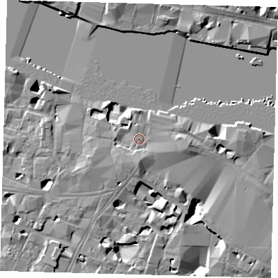 Shaded relief map of the ground around SE19DA, computed from Environment Agency LiDAR. The ground here sits at about 5 m above sea level and falls 13 m across the surrounding 800 m. Surface water reaching this point runs off ground lying to the east, 2.2 m higher.
