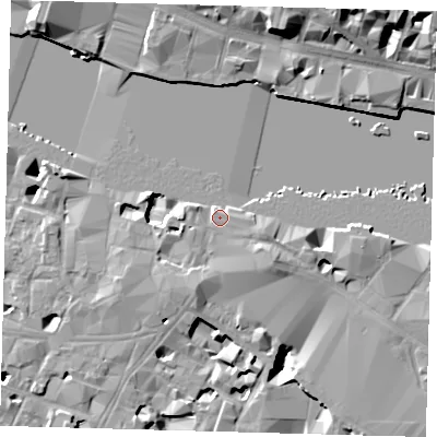 Shaded relief map of the ground around SE19DD, computed from Environment Agency LiDAR. The ground here sits at about 4 m above sea level and falls 18 m across the surrounding 800 m. Surface water reaching this point runs off ground lying to the south-east, 2.6 m higher.