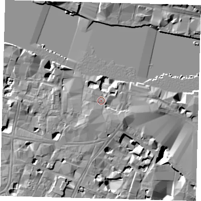 Shaded relief map of the ground around SE19DE, computed from Environment Agency LiDAR. The ground here sits at about 5 m above sea level and falls 12 m across the surrounding 800 m. Surface water reaching this point runs off ground lying to the south-south-east, 2.0 m higher.