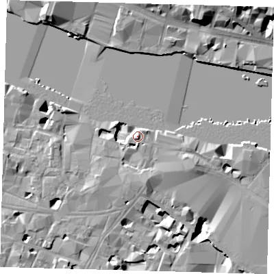 Shaded relief map of the ground around SE19DF, computed from Environment Agency LiDAR. The ground here sits at about 5 m above sea level and falls 18 m across the surrounding 800 m. Surface water reaching this point runs off ground lying to the south, 3.0 m higher.