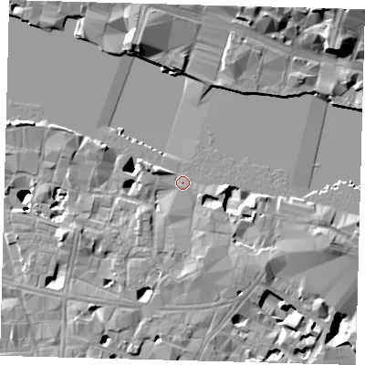 Shaded relief map of the ground around SE19DG, computed from Environment Agency LiDAR. The ground here sits at about 4 m above sea level and falls 23 m across the surrounding 800 m. Surface water reaching this point runs off ground lying to the south-south-east, 4.2 m higher.