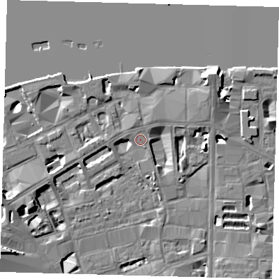 Shaded relief map of the ground around SE19DJ, computed from Environment Agency LiDAR. The ground here sits at about 4 m above sea level and falls 15 m across the surrounding 800 m. Surface water reaching this point runs off ground lying to the west, 1.1 m higher.
