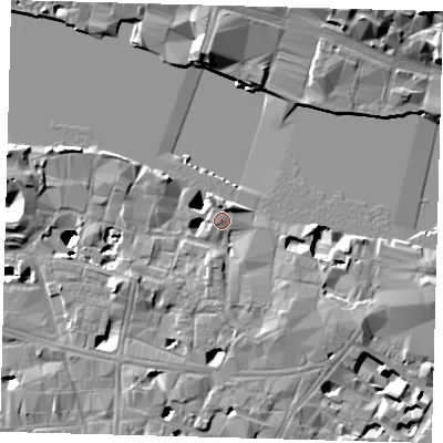 Shaded relief map of the ground around SE19DN, computed from Environment Agency LiDAR. The ground here sits at about 4 m above sea level and falls 23 m across the surrounding 800 m. Surface water reaching this point runs off ground lying to the north-north-east, 3.1 m higher.