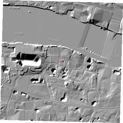 Shaded relief map of the ground around SE19DR, computed from Environment Agency LiDAR. The ground here sits at about 4 m above sea level and falls 17 m across the surrounding 800 m. Surface water reaching this point runs off ground lying to the west-north-west, 2.5 m higher.