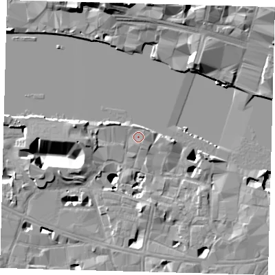 Shaded relief map of the ground around SE19DS, computed from Environment Agency LiDAR. The ground here sits at about 4 m above sea level and falls 21 m across the surrounding 800 m. Surface water reaching this point runs off ground lying to the north, 1.0 m higher.