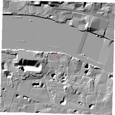 Shaded relief map of the ground around SE19DT, computed from Environment Agency LiDAR. The ground here sits at about 4 m above sea level and falls 21 m across the surrounding 800 m. Surface water reaching this point runs off ground lying to the west, 2.5 m higher.