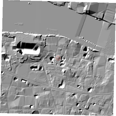 Shaded relief map of the ground around SE19DU, computed from Environment Agency LiDAR. The ground here sits at about 4 m above sea level and falls 17 m across the surrounding 800 m. Surface water reaching this point runs off ground lying to the south-south-east, 7.9 m higher.