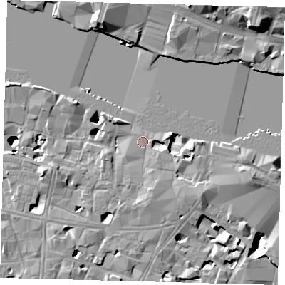 Shaded relief map of the ground around SE19DW, computed from Environment Agency LiDAR. The ground here sits at about 4 m above sea level and falls 20 m across the surrounding 800 m. Surface water reaching this point runs off ground lying to the south, 2.4 m higher.