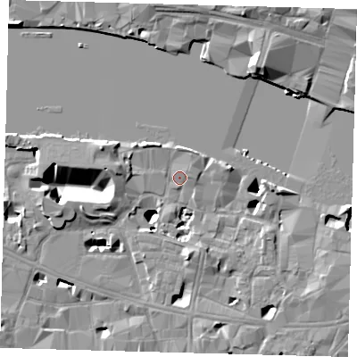 Shaded relief map of the ground around SE19DX, computed from Environment Agency LiDAR. The ground here sits at about 4 m above sea level and falls 17 m across the surrounding 800 m. Surface water reaching this point runs off ground lying to the north, 1.4 m higher.