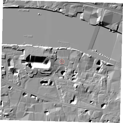 Shaded relief map of the ground around SE19DZ, computed from Environment Agency LiDAR. The ground here sits at about 4 m above sea level and falls 17 m across the surrounding 800 m. Surface water reaching this point runs off ground lying to the west-south-west, 8.1 m higher.