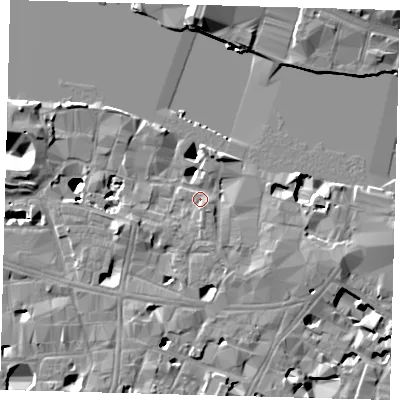 Shaded relief map of the ground around SE19EA, computed from Environment Agency LiDAR. The ground here sits at about 4 m above sea level and falls 17 m across the surrounding 800 m. Surface water reaching this point runs off ground lying to the north-north-east, 3.1 m higher.