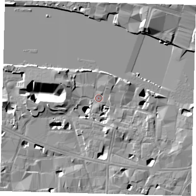 Shaded relief map of the ground around SE19EB, computed from Environment Agency LiDAR. The ground here sits at about 3 m above sea level and falls 17 m across the surrounding 800 m. Surface water reaching this point runs off ground lying to the west-north-west, 2.5 m higher.