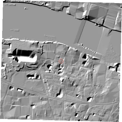 Shaded relief map of the ground around SE19ED, computed from Environment Agency LiDAR. The ground here sits at about 3 m above sea level and falls 17 m across the surrounding 800 m. Surface water reaching this point runs off ground lying to the south, 4.7 m higher.